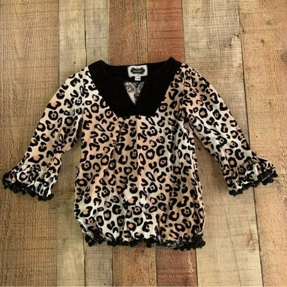 Mud pie girls long sleeve leopard animal print corduroy top in black and tan